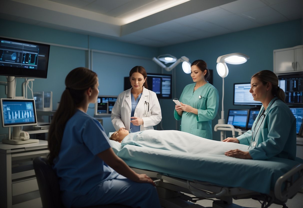 A hospital room with medical equipment and monitors, a pregnant woman undergoing tests, a doctor and nurse discussing her high-risk pregnancy