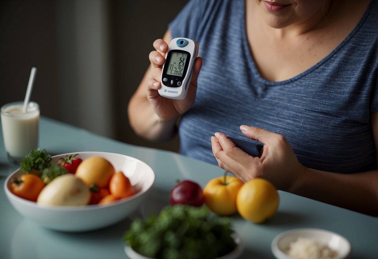 A pregnant woman with diabetes monitors her blood sugar, eats balanced meals, exercises, attends regular check-ups, and takes prescribed medication