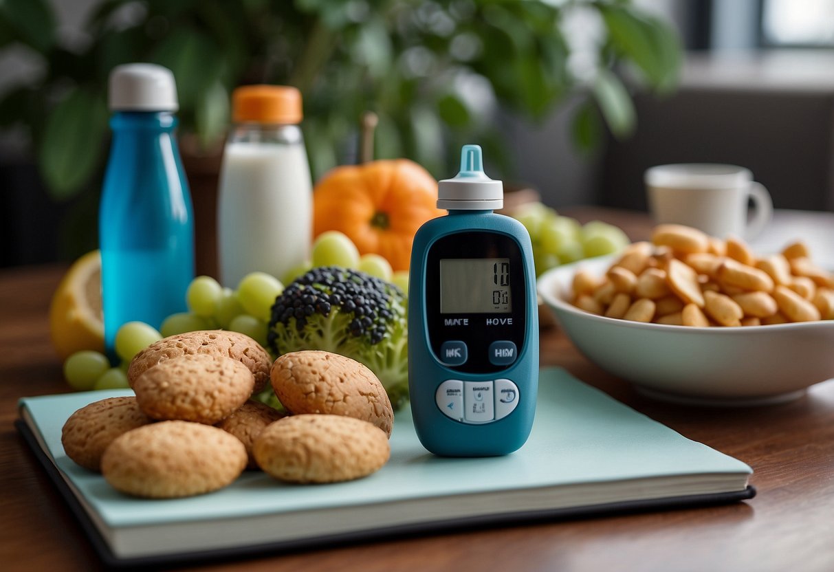 A pregnant person's hand holding a water bottle, surrounded by healthy snacks and a blood glucose monitor. A pregnancy book and insulin pen sit nearby