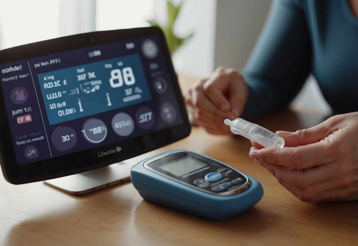 A pregnant woman with diabetes monitors her blood sugar, eats balanced meals, exercises, and attends regular medical appointments. She uses insulin as prescribed and maintains open communication with her healthcare team