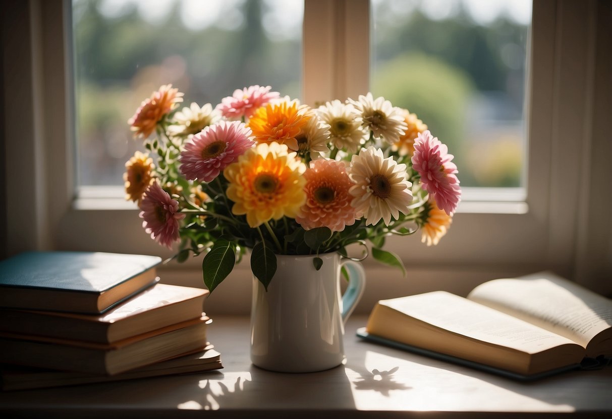 A colorful bouquet of flowers sits on a bedside table next to a cozy blanket and a journal. Sunlight streams through the window, casting a warm glow on the serene scene