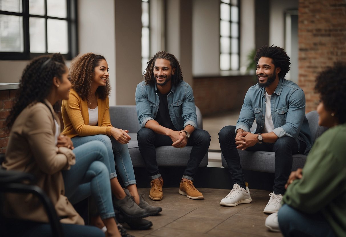 A group of diverse individuals sit in a circle, sharing stories and offering support. A positive atmosphere is evident as they engage in conversation and provide comfort to one another