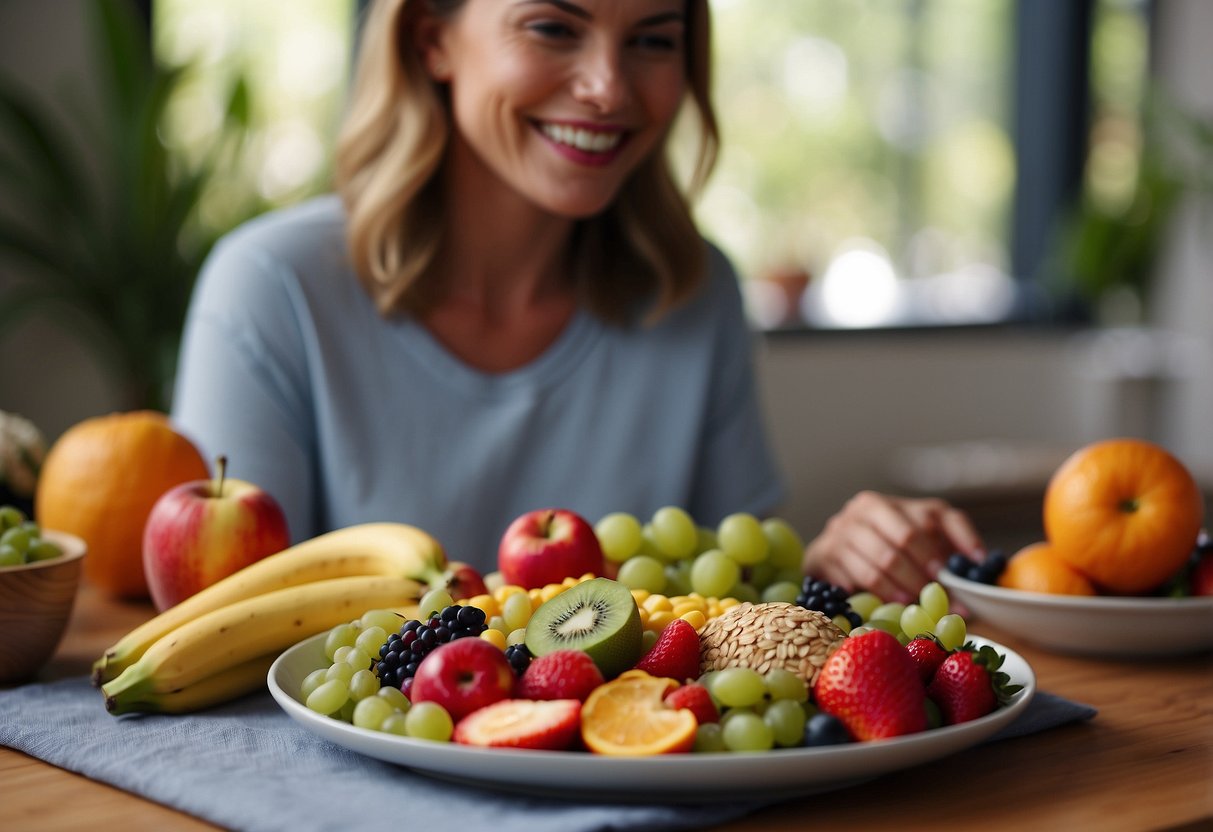 A colorful plate with a variety of fruits, vegetables, and whole grains. A pregnant woman smiling while doing light exercise. A supportive partner offering encouragement. A journal filled with positive affirmations. A peaceful, serene atmosphere