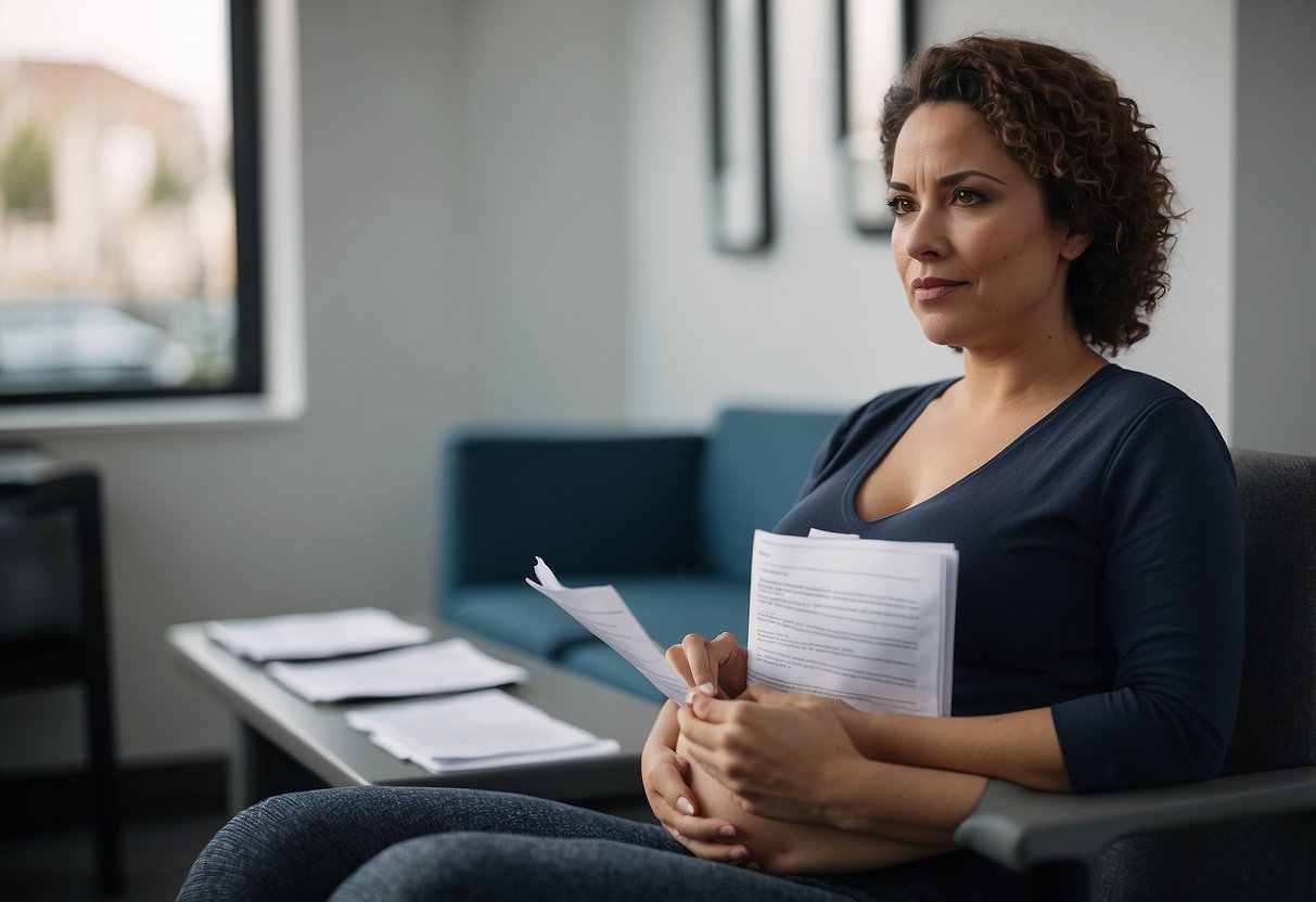 A pregnant woman sitting in a doctor's office, holding a list of 10 questions about high-risk pregnancy. A concerned look on her face as she waits for her doctor