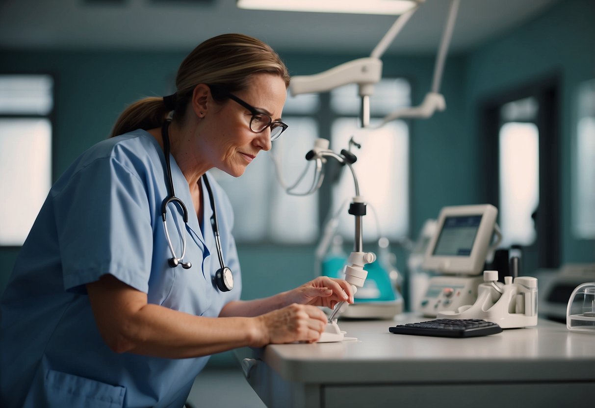 A doctor calmly implements various medical procedures to manage pregnancy complications in a hospital setting