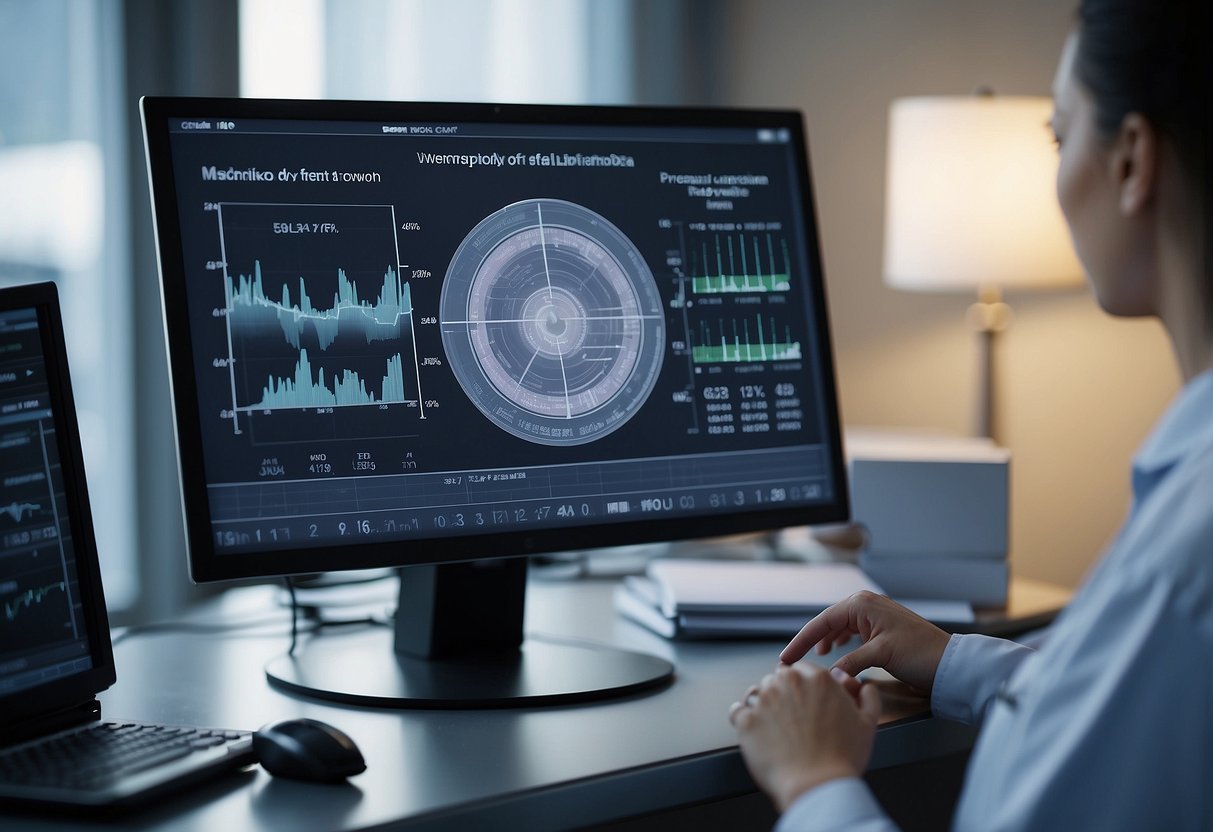 A monitor displays fetal growth data. Medical tools nearby. Illustrate a calm, clinical setting