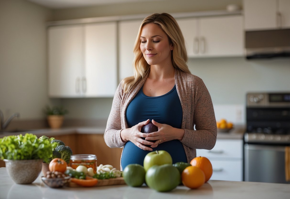 A serene pregnant woman with a pre-existing condition practices yoga, eats a balanced meal, takes prenatal vitamins, attends regular doctor appointments, and engages in stress-reducing activities