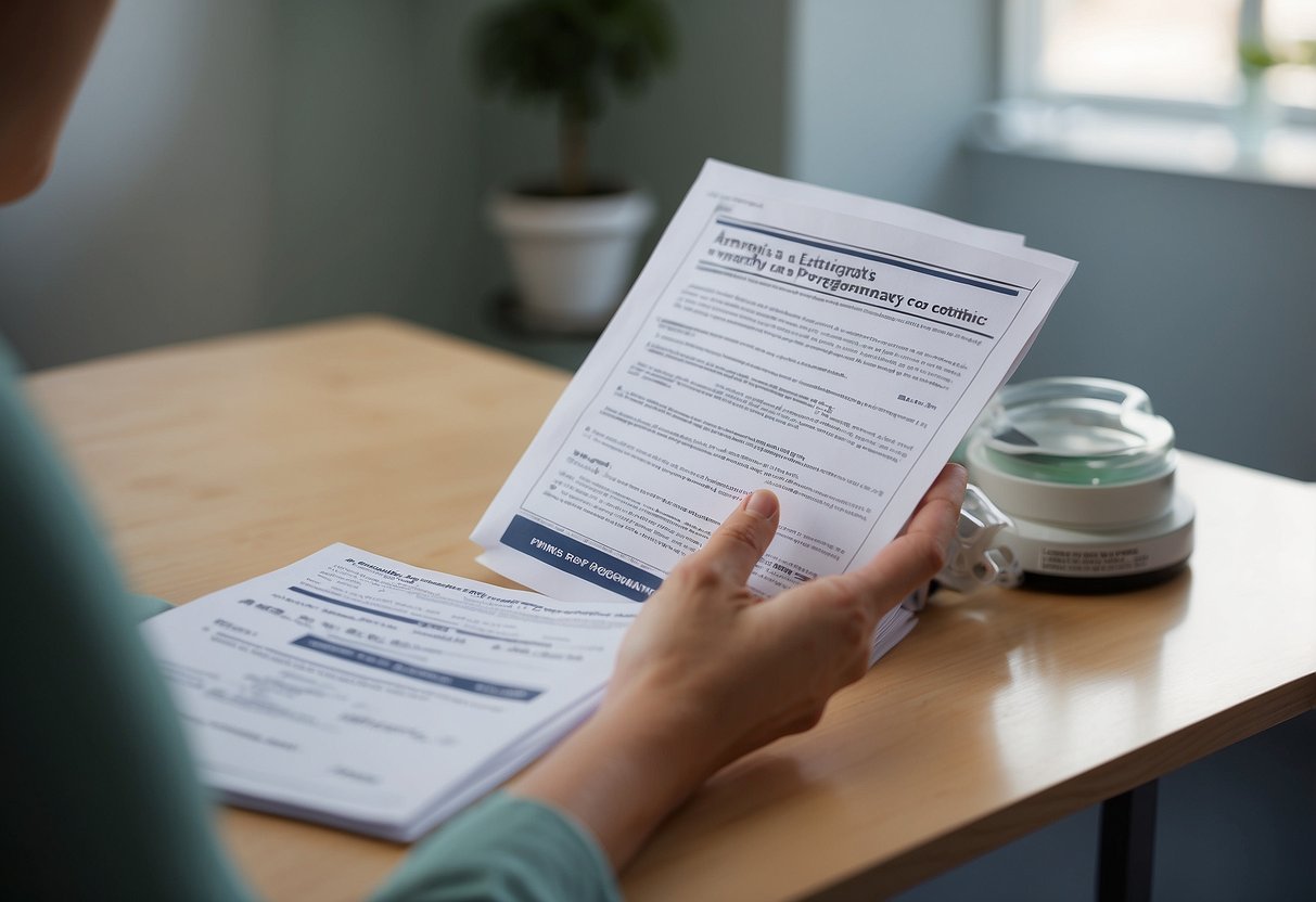 A pregnant woman sits in a doctor's office, talking to her OB-GYN. A pamphlet titled "5 Secrets to a Healthy Pregnancy When You Have a Pre-Existing Condition" is displayed on the table