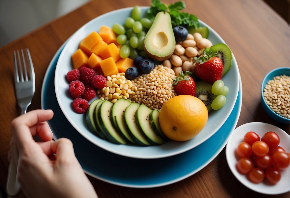 A colorful plate with a variety of fruits, vegetables, lean proteins, and whole grains. A pregnant woman with a pre-existing condition smiles while eating a balanced meal