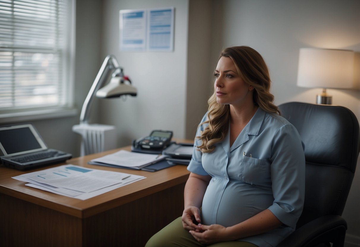 A pregnant woman sitting in a doctor's office, surrounded by medical equipment and charts. The doctor is discussing prenatal care for women with pre-existing conditions