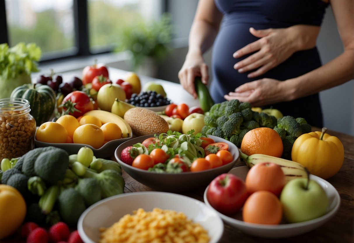 A table with a variety of colorful and nutritious foods, including fruits, vegetables, lean proteins, and whole grains. A pregnant woman with a pre-existing condition is carefully selecting and preparing her meals