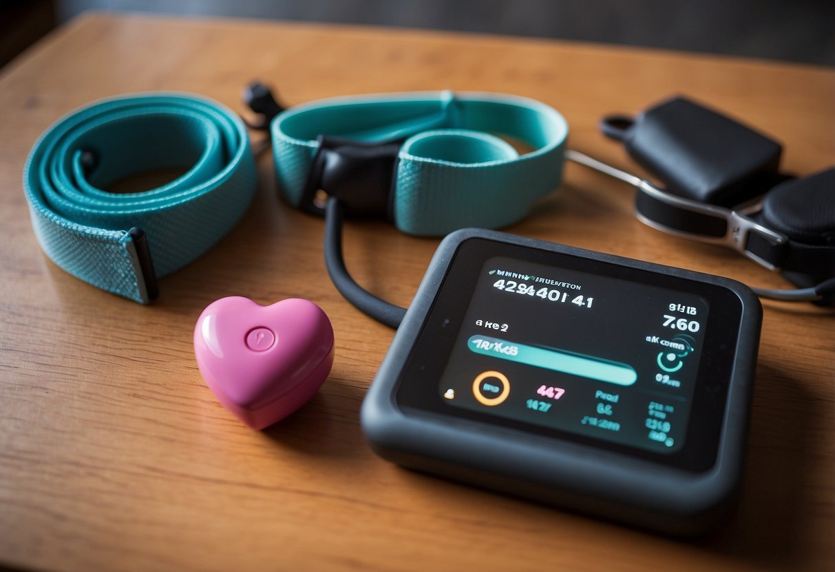 A pregnant woman's fitness tracker displays heart rate and step count. A prenatal yoga mat and resistance bands are nearby. A book on managing pre-existing conditions sits on a table