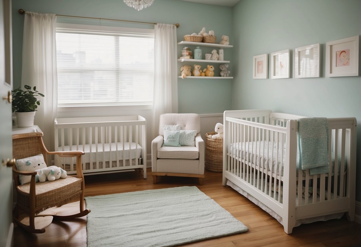 A nursery with a crib, changing table, diapers, bottles, baby clothes, toys, baby monitor, baby bathtub, nursing chair, and a diaper pail