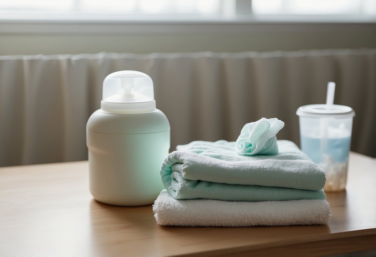 A stack of diapers and a container of wipes sit on a changing table next to a small trash bin. A soft, pastel-colored blanket is draped over the edge of the table