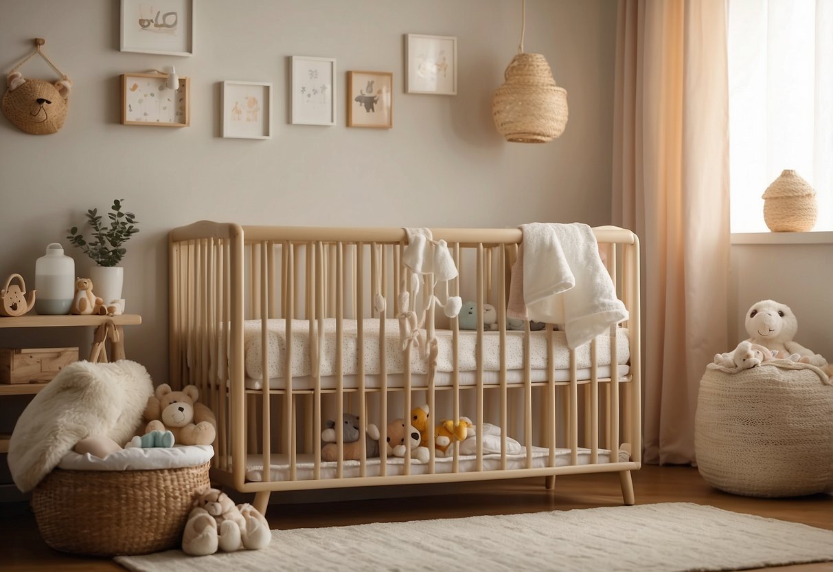 A crib with a soft mattress, surrounded by essential baby items such as diapers, bottles, and toys. The room is warm and inviting, with soft lighting and gentle colors