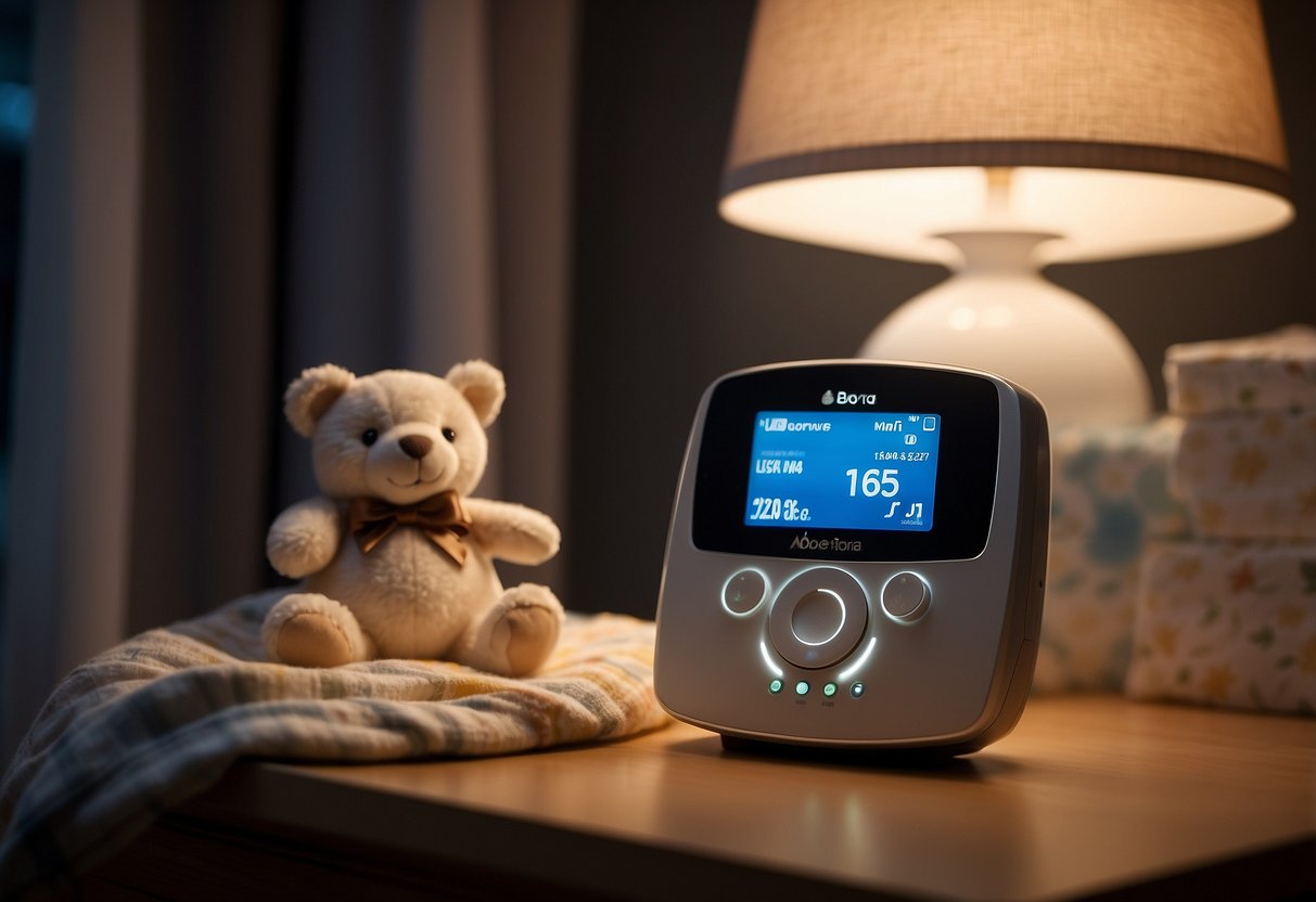 A baby monitor sits on a nightstand next to a crib. The soft glow of the monitor's display illuminates the dark room, while the crib is adorned with a cozy blanket and a stuffed animal