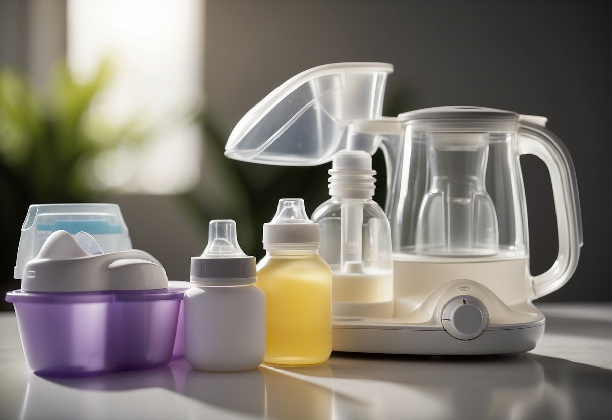 A breast pump resting on a clean, clutter-free surface with a stack of clean bottles and breast milk storage bags nearby