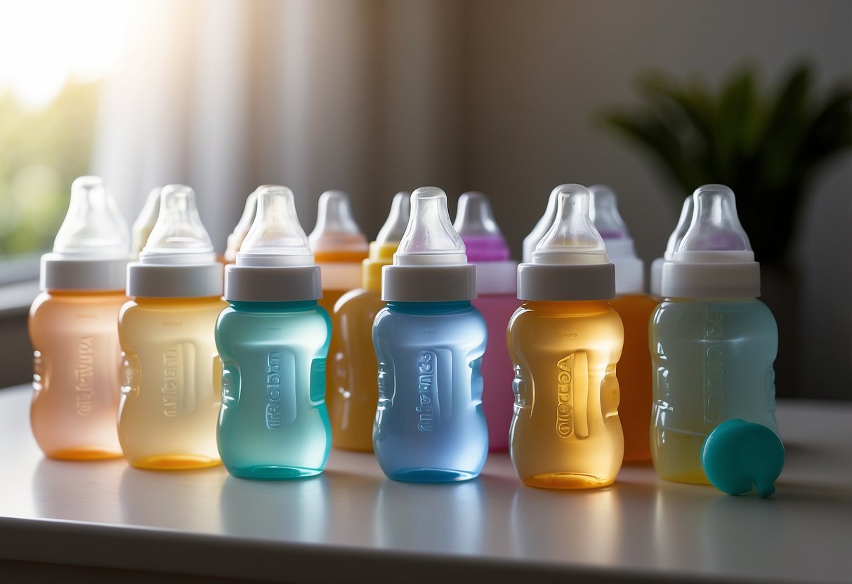 A collection of ten baby bottles arranged neatly on a changing table, surrounded by other essential baby items like diapers, wipes, and pacifiers