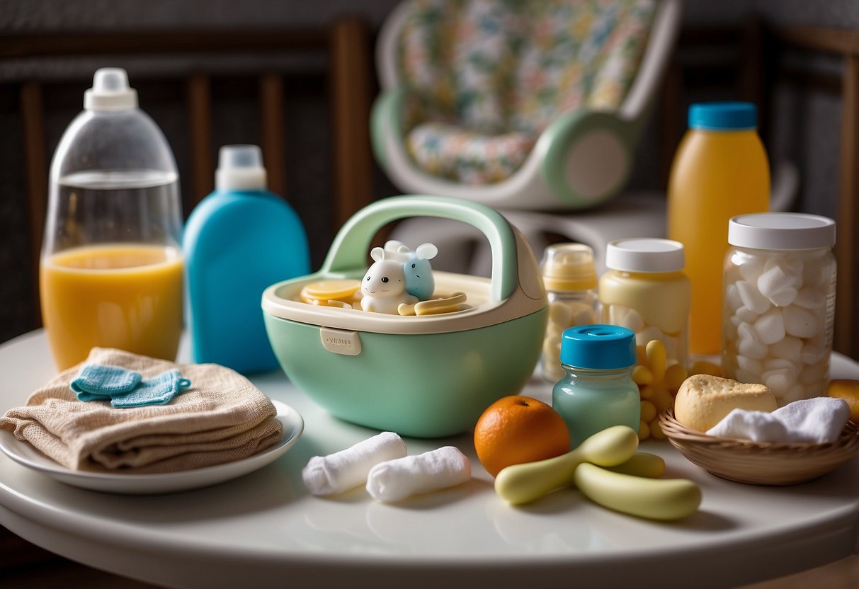 A high chair surrounded by baby essentials: diapers, bottles, toys, bibs, wipes, pacifiers, and baby food jars