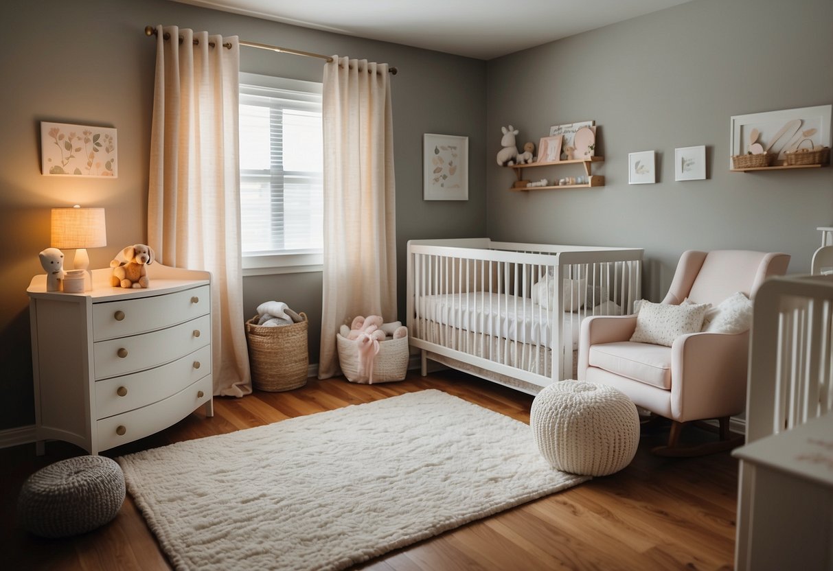 A cozy nursery with a crib, changing table, rocking chair, baby monitor, blackout curtains, soft lighting, baby-friendly decor, safety gates, outlet covers, and a first aid kit