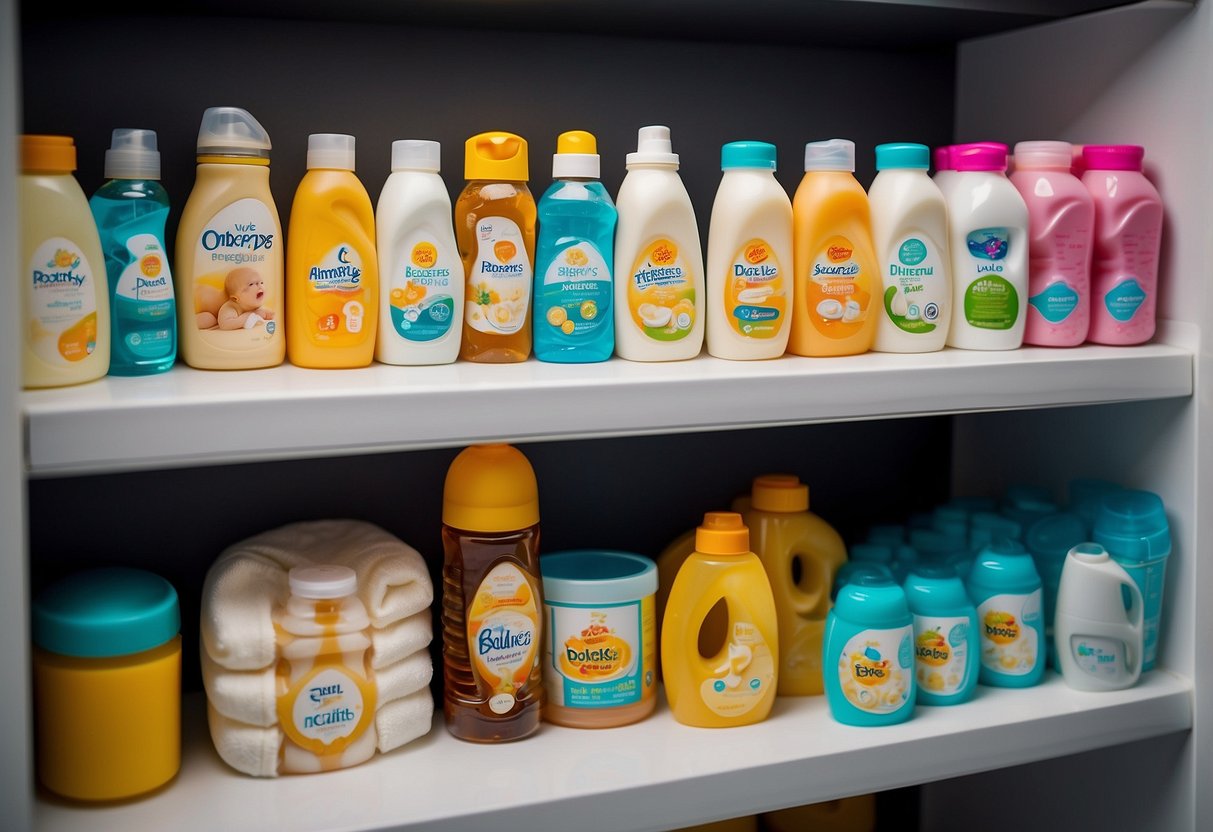 A shelf filled with baby essentials: diapers, wipes, bottles, formula, pacifiers, onesies, blankets, baby shampoo, and a car seat