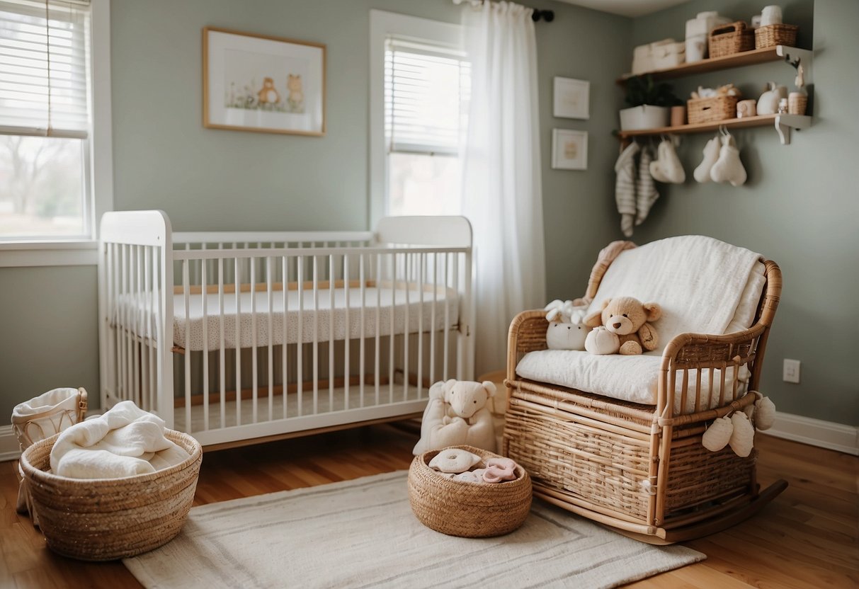 A cozy nursery with a crib, changing table, and rocking chair. A basket of baby essentials sits nearby, along with a well-stocked diaper caddy. A postpartum care kit is organized on a nearby shelf