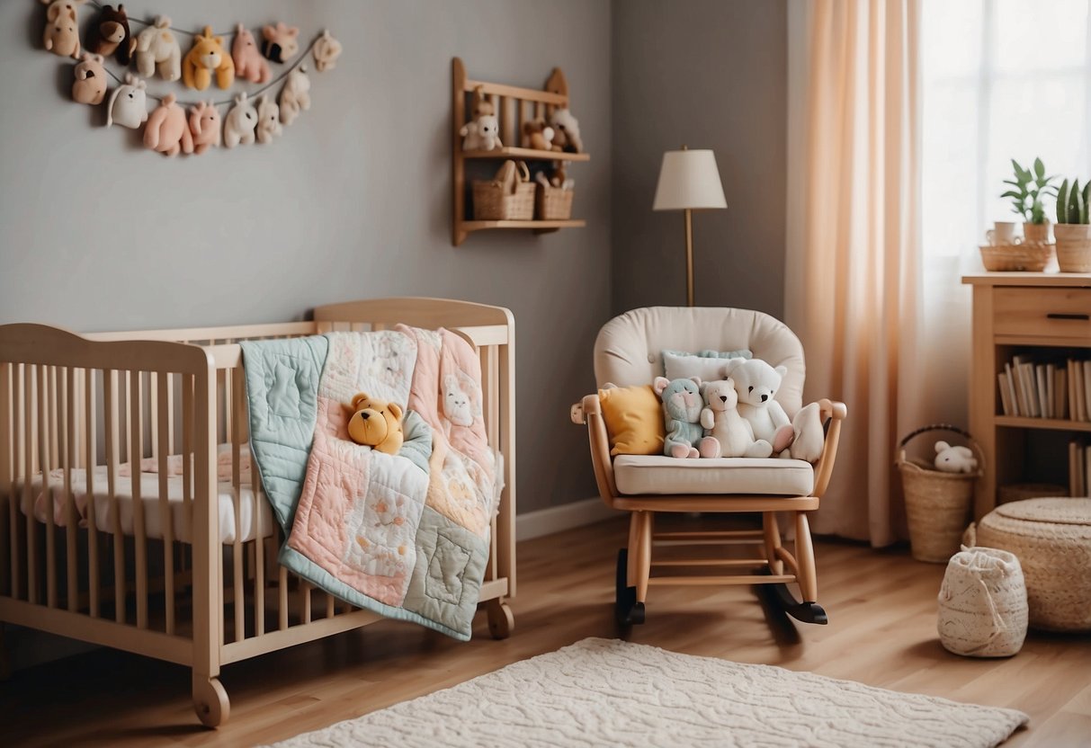 A cozy nursery with soft pastel colors, a comfortable rocking chair, and clever storage solutions. A mobile of cute animals hangs above the crib, while a handmade quilt adds a personal touch