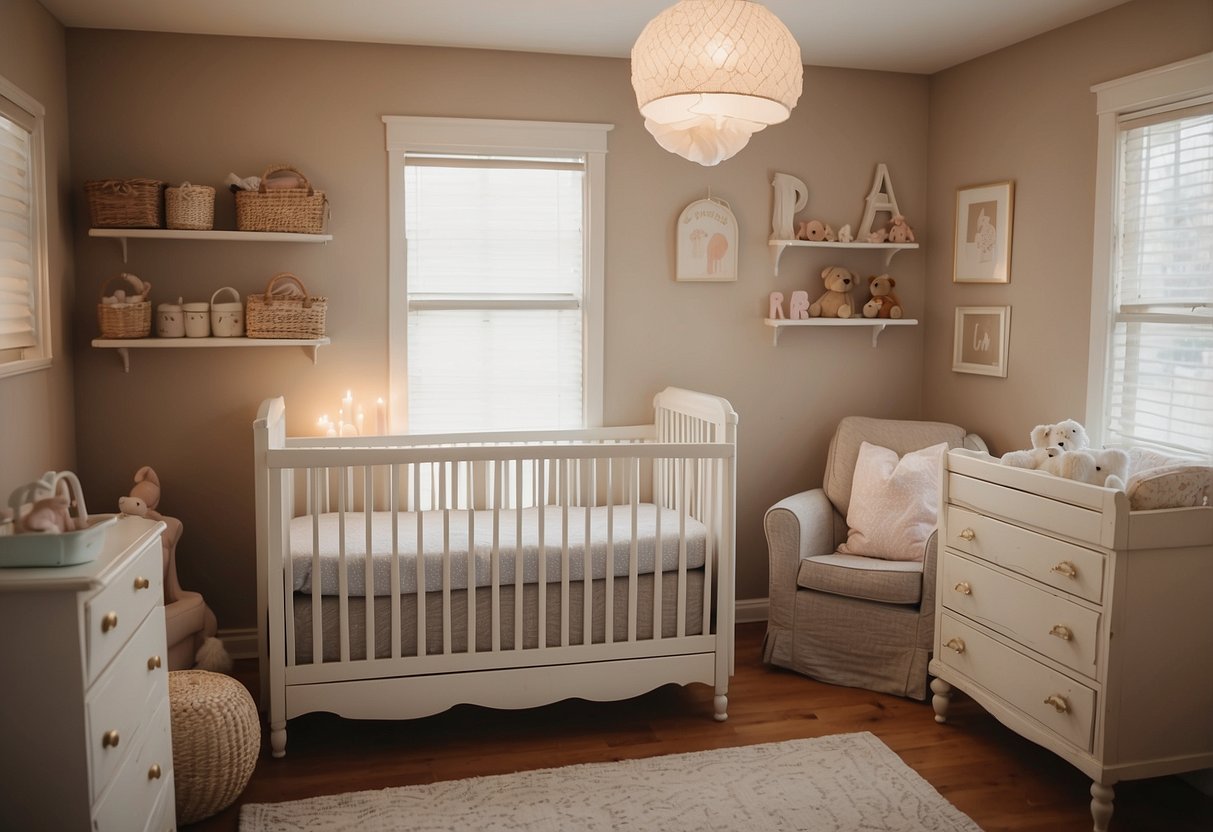 A cozy nursery with a crib made from a repurposed dresser, a changing table converted from a desk, and shelves made from old crates. Soft lighting and pastel colors create a warm and inviting atmosphere