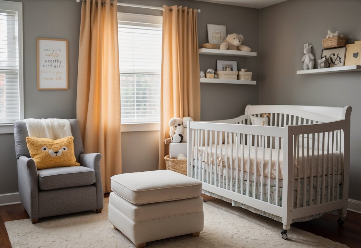 A crib doubles as a changing table, saving space. A storage ottoman holds diapers and wipes. Use wall decals for a pop of color