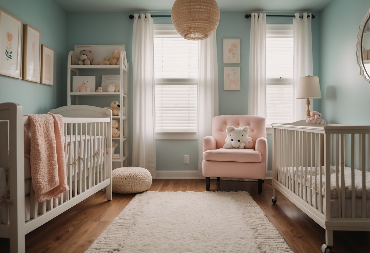 A cozy nursery with pastel walls, a crib with soft bedding, and shelves stocked with discounted baby items. A sign advertises sales and discounts, while a helpful guide on budget-friendly nursery decor is displayed nearby