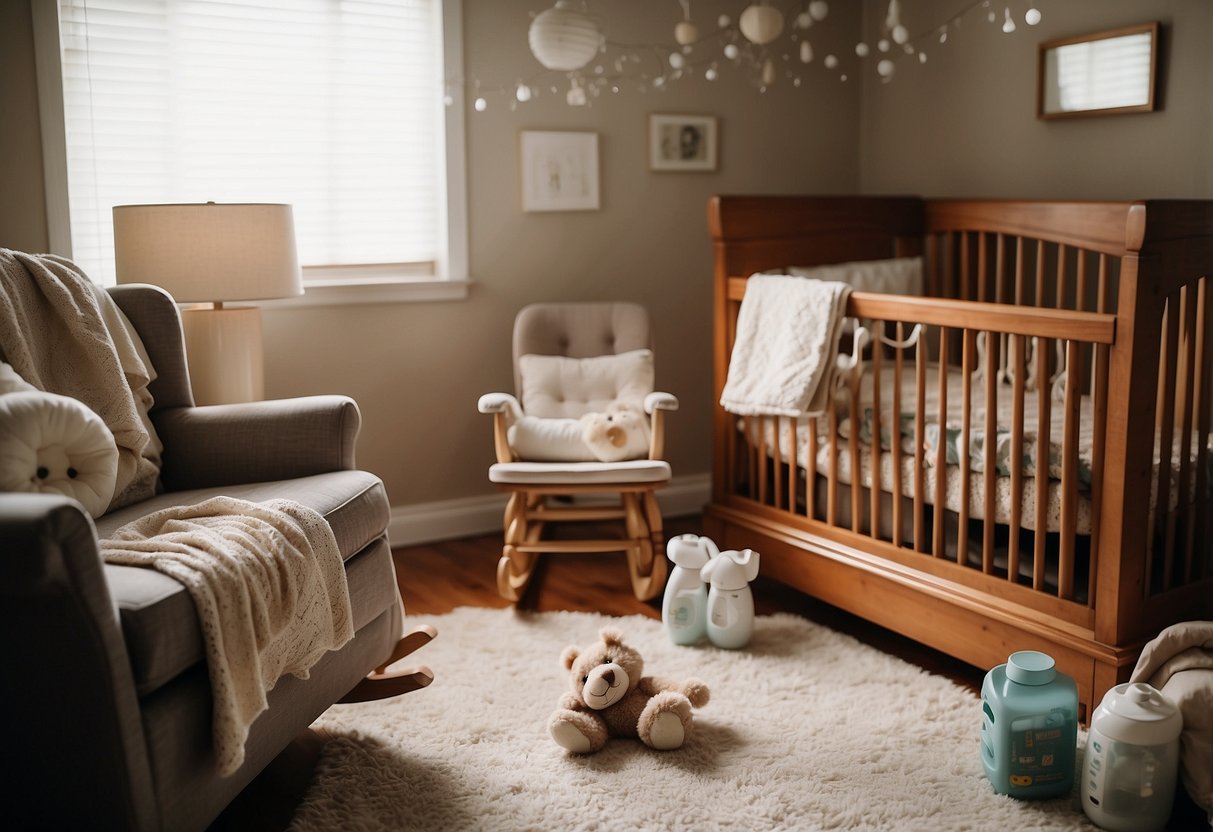 A cluttered nursery with diapers, wipes, bottles, pacifiers, and a baby monitor scattered around. Clothes strewn about, a rocking chair, and a crib with mobile