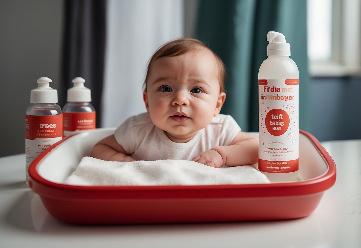 A baby lying on a changing table with a red and white FridaBaby Windi Gas and Colic Reliever package next to them