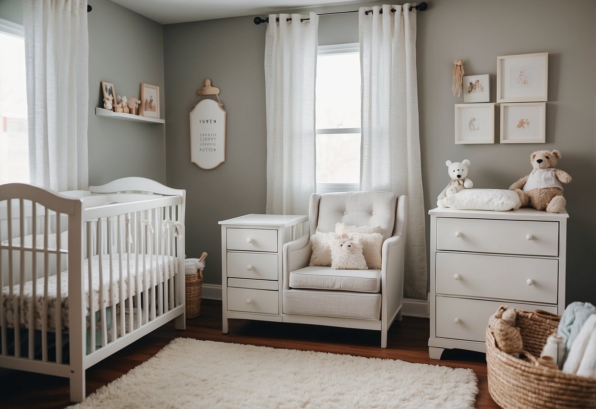 A nursery with a crib, diaper changing station, rocking chair, baby monitor, and storage bins for diapers, wipes, and baby clothes