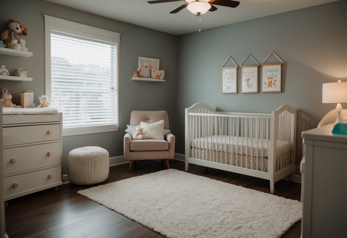 A nursery room with a crib, changing table, and rocking chair. Baby clothes neatly organized in a dresser. Diaper pail and baby wipes on a shelf. Safety gates and outlet covers installed