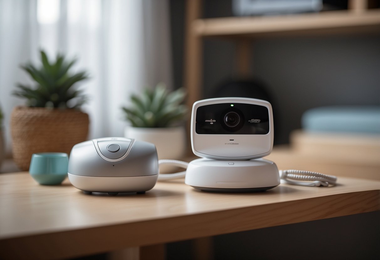 A baby monitor is being installed in a nursery, with the camera positioned to capture the entire room. The monitor is placed on a secure surface, and the cords are neatly tucked away to ensure safety