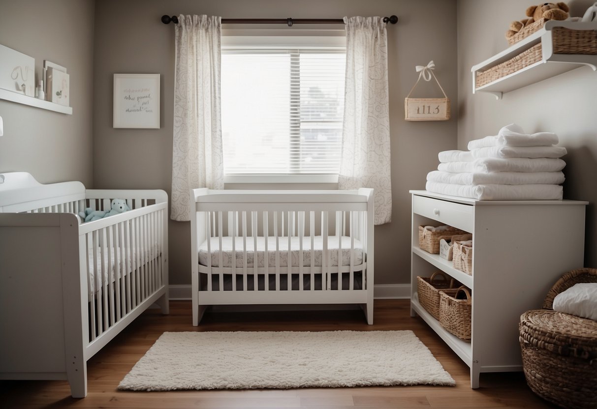 A nursery room with shelves filled with neatly organized diapers in various sizes. A changing table with a stack of clean, soft cloths and a diaper pail nearby. A cozy rocking chair in the corner