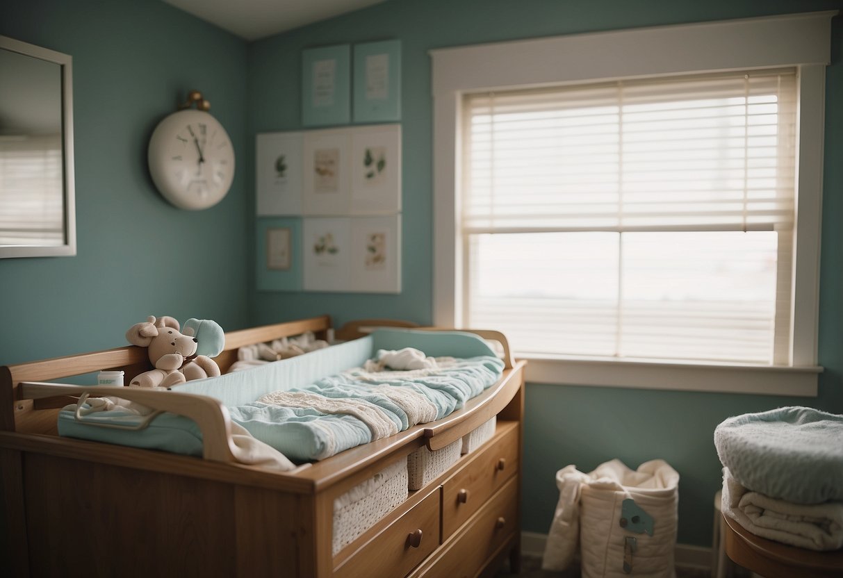 A changing table sits in a nursery, stocked with diapers and wipes. A soft, cozy blanket is draped over the edge, and a mobile hangs above, ready to entertain the baby during diaper changes