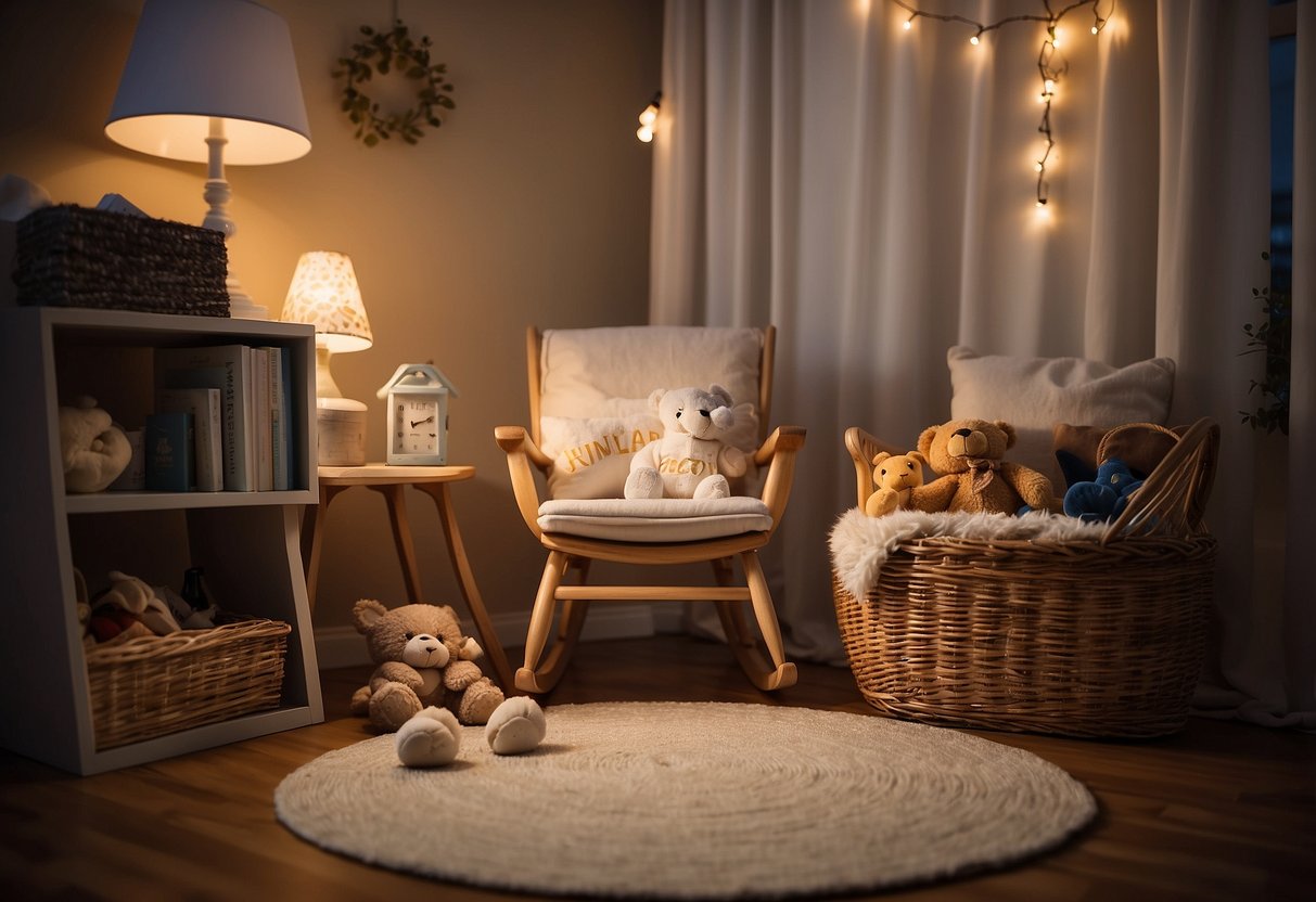 A cozy corner with a comfortable rocking chair, a small table for snacks, and soft lighting. A basket of baby essentials sits nearby, while a nearby shelf holds books and toys