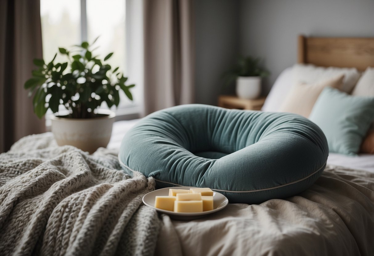 A nursing pillow supports a postpartum mother, surrounded by soothing items like tea and a cozy blanket