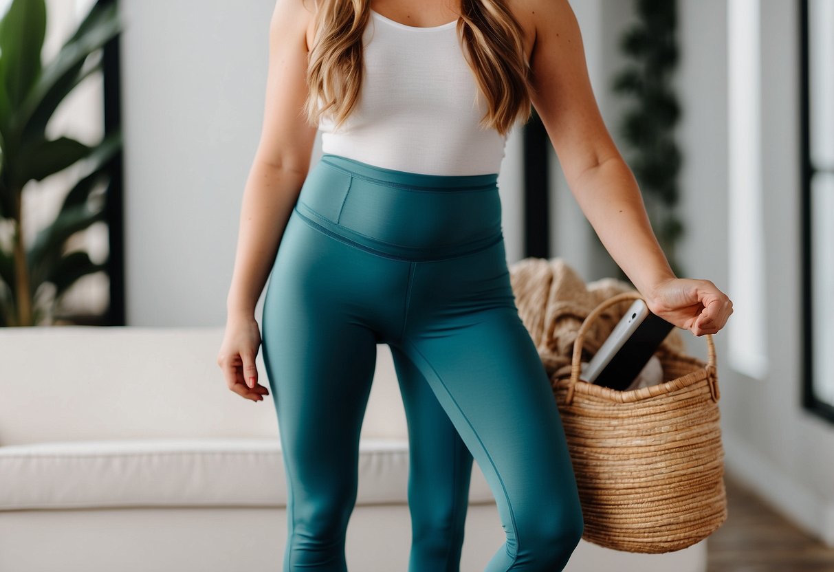 High-waisted postpartum leggings displayed with postpartum recovery items. Bright, clean background with soft lighting. Feminine and modern aesthetic