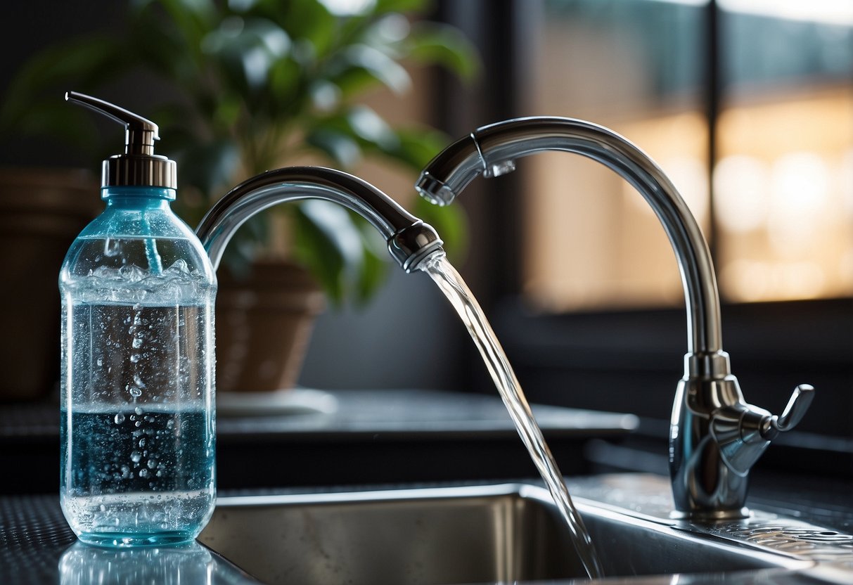 A large water bottle being filled with water from a faucet