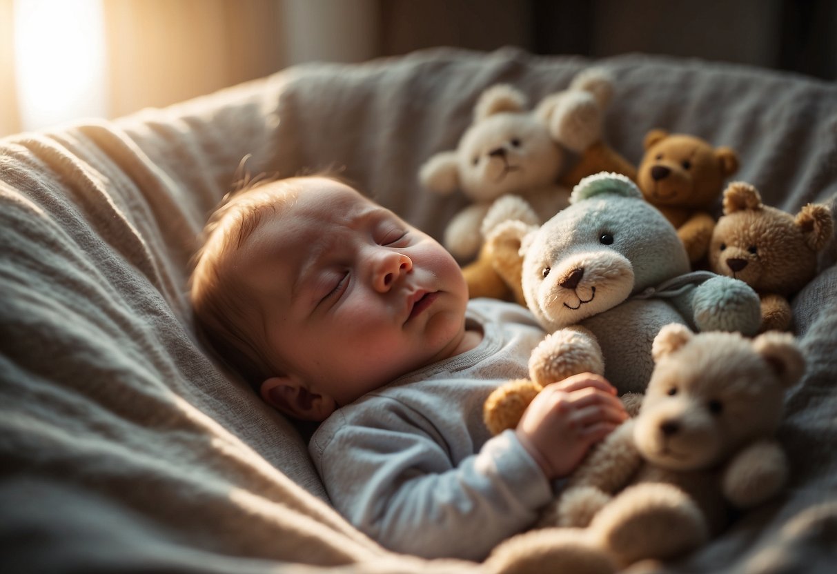 A peaceful baby sleeps in a cozy crib, surrounded by soft blankets and toys, while sunlight streams through the window, creating a warm and comforting atmosphere