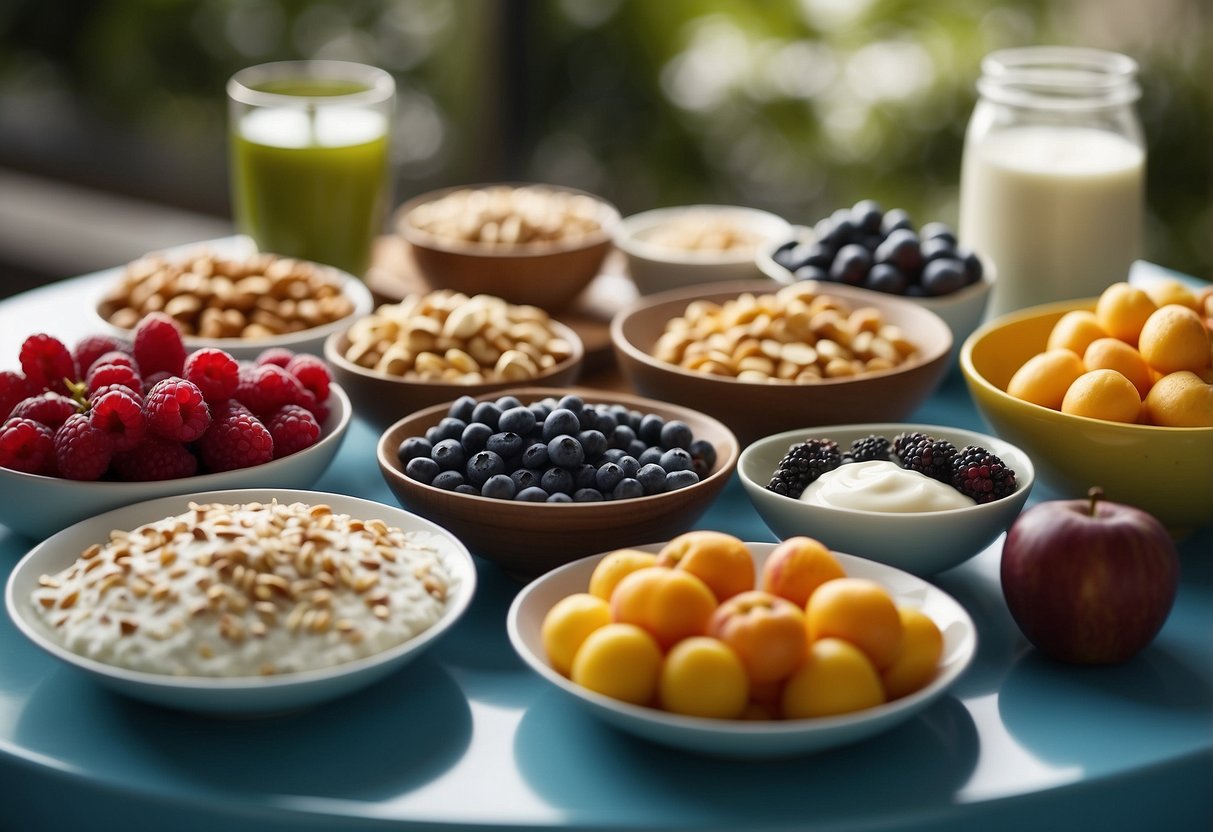 A table with a variety of healthy snacks, such as fruits, nuts, and yogurt, displayed in colorful bowls and plates