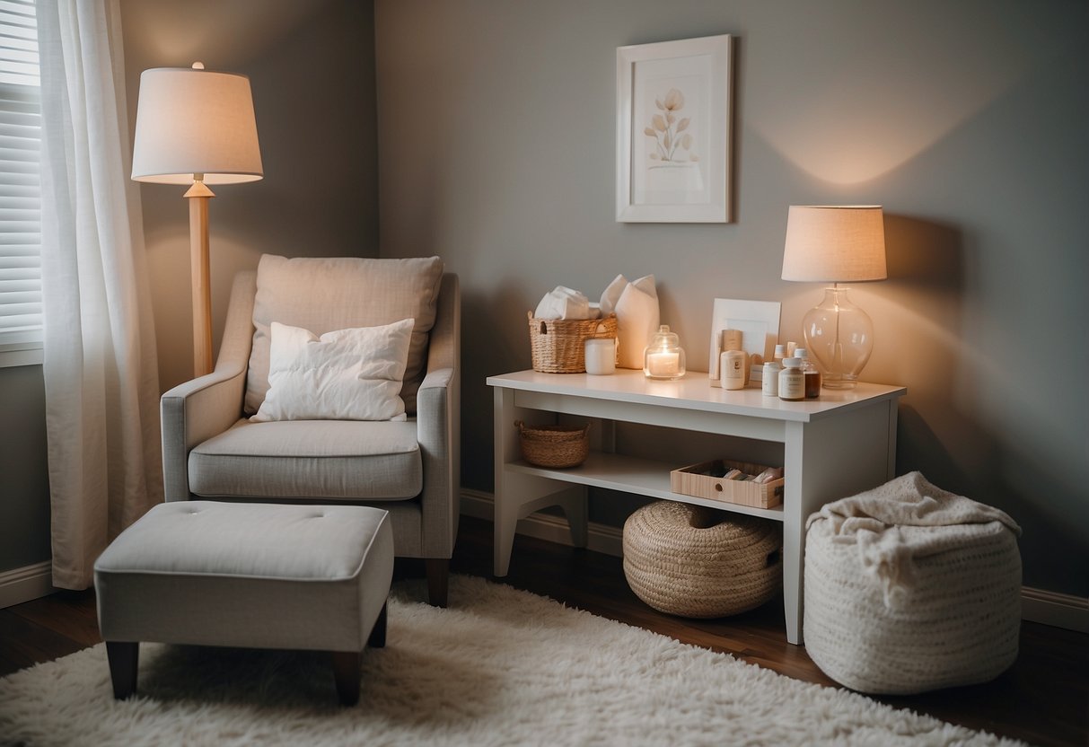 A cozy bedroom with a comfortable bed, soft lighting, and a bedside table with water and snacks. A nursing chair in the corner, a diaper changing station, and a soothing color palette for a calming atmosphere