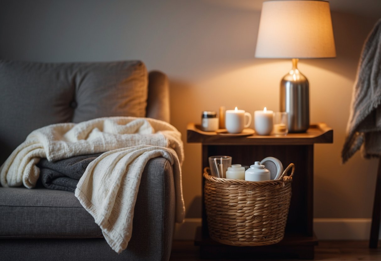 A cozy armchair with a side table, soft pillows, a warm blanket, a small lamp, a water bottle, and a basket of nursing essentials