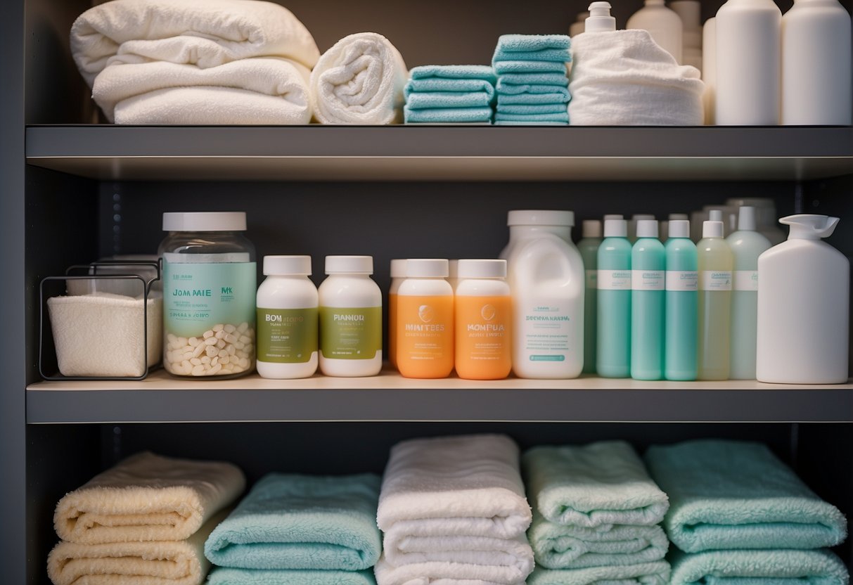 A shelf stocked with diapers and wipes, organized in neat rows. A checklist with seven steps for a smooth postpartum experience