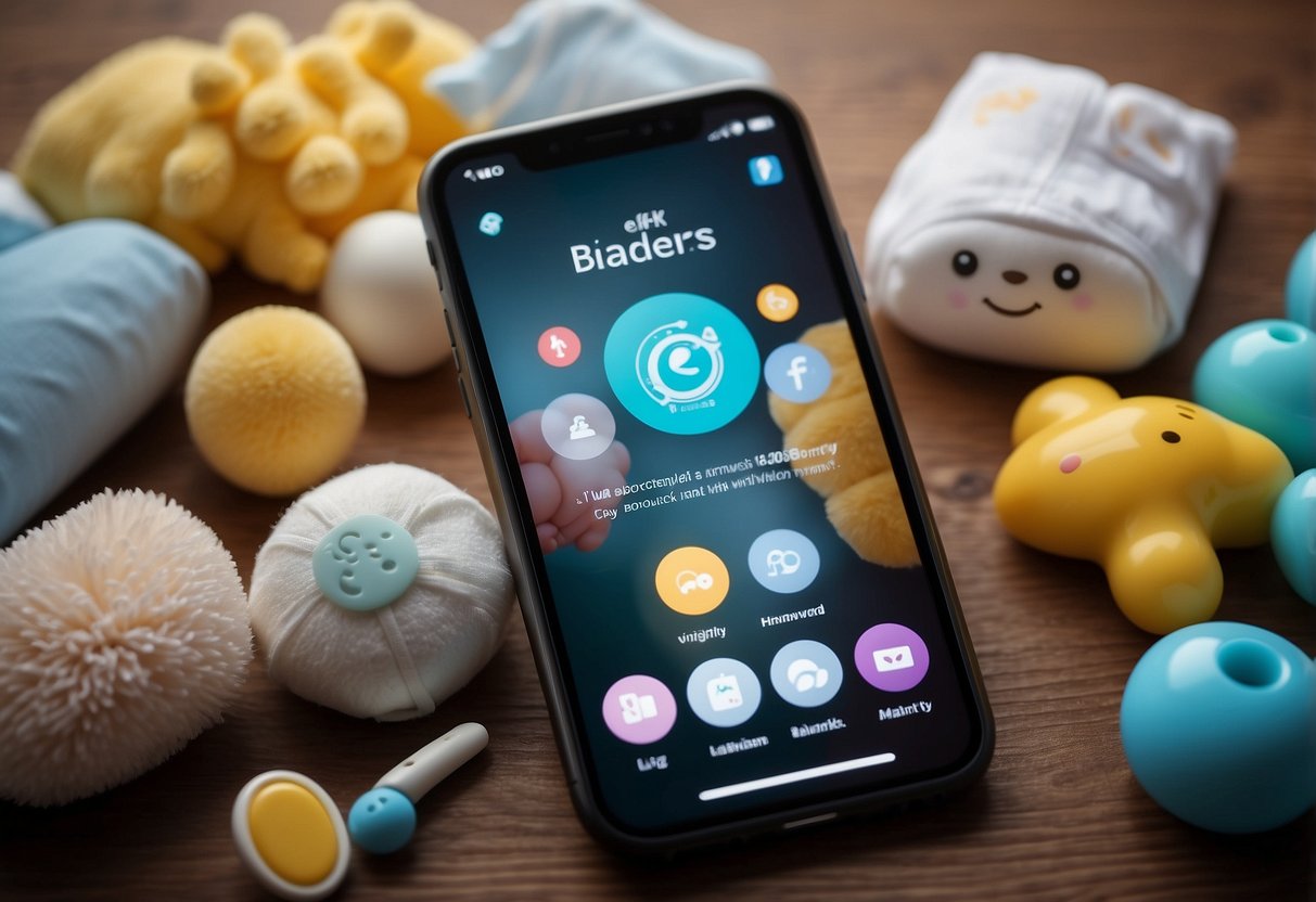 A smartphone with a baby care app displayed on the screen, surrounded by baby items like diapers, bottles, and toys