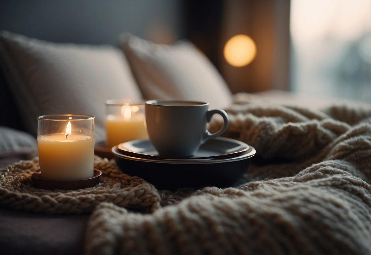 A dimly lit room with soft, warm lighting. A comfortable bed with fluffy pillows and blankets. A soothing sound machine playing gentle lullabies. A small table with a warm cup of herbal tea. A soft rug on the floor