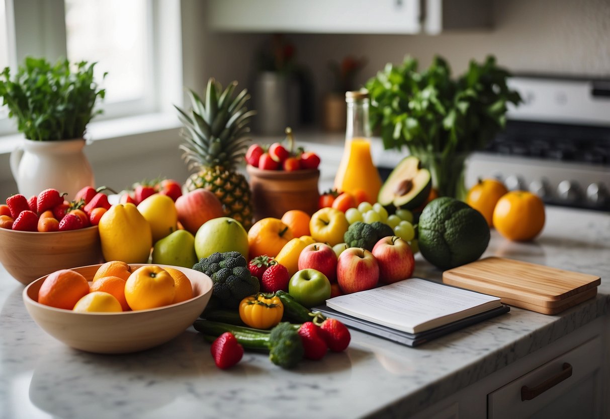 A kitchen counter with fresh, colorful fruits and vegetables, a cookbook open to a healthy recipe, and a meal prep container ready for use