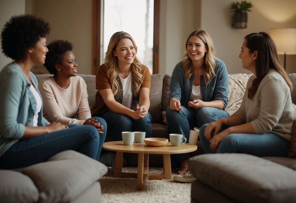 A group of new moms gather in a cozy room, sitting in a circle with supportive expressions. A facilitator leads a discussion, while others share experiences and offer advice. A warm and welcoming atmosphere encourages open conversation and connection